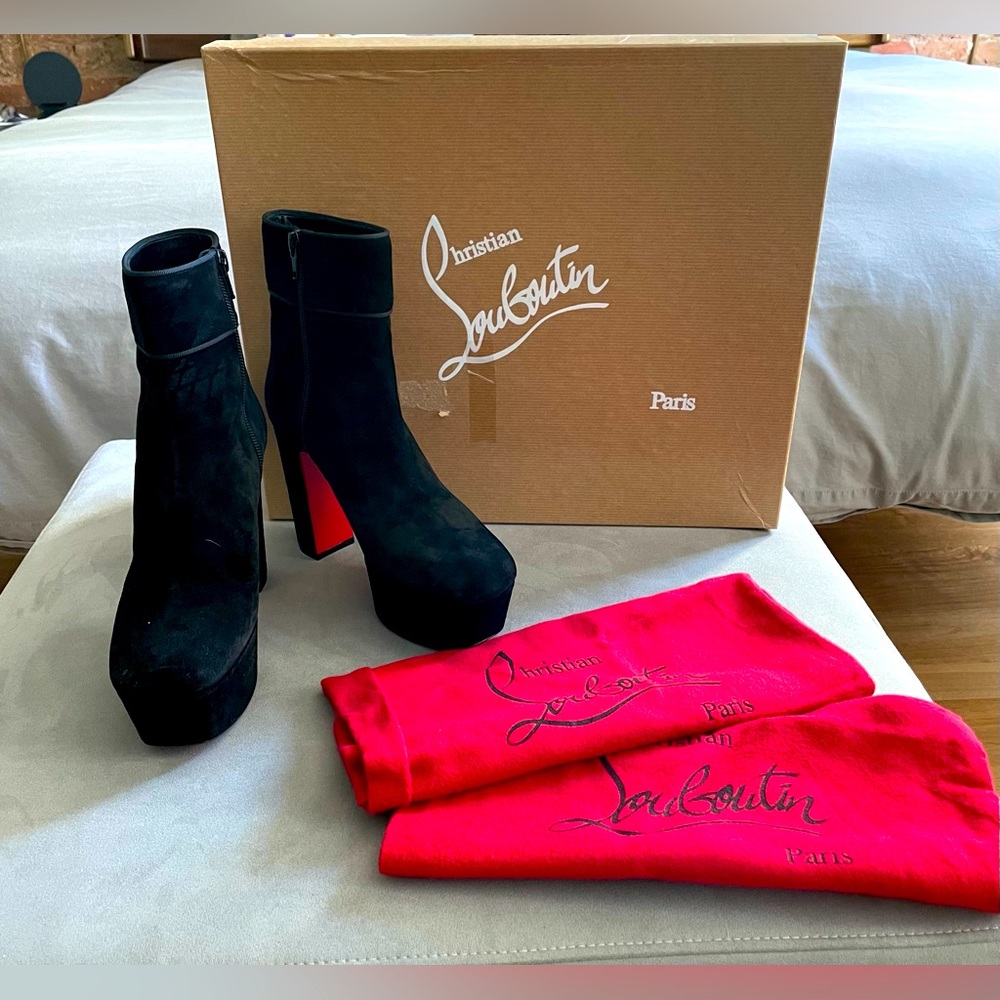 Christian Louboutin black suede platform ankle boots. Size 36.5